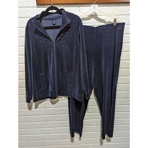 Basic Edition Women's Navy Blue Velour Silver Stud Trim Lounge Suit Size XL